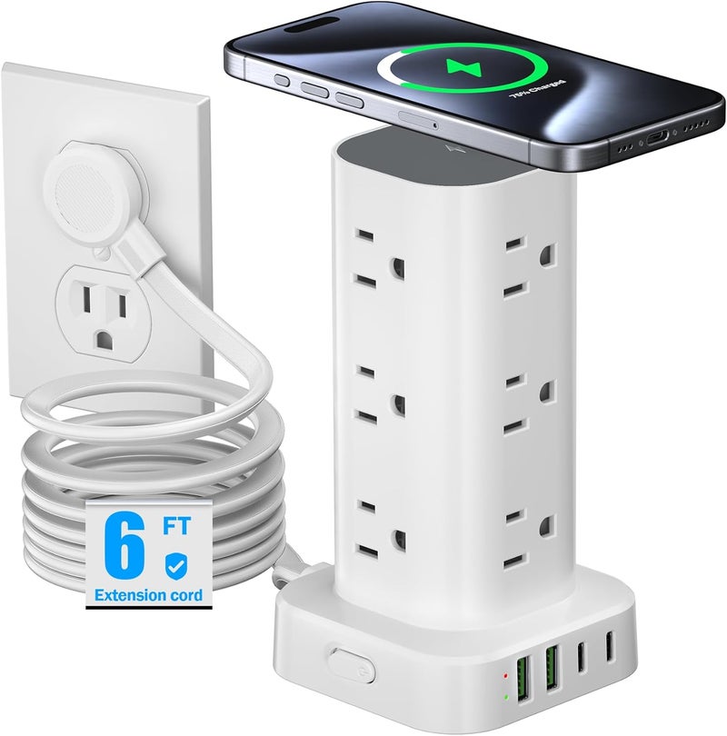 Pluackg Tower Power Strip with 15W Wireless Charger, 6FT Flat Plug Extension Cord with Multiple Outlets, 12 AC Outlets, 4 USB Ports (2 USB C) Charging Station Surge Protector for Office Home Dorm Room (White) - Image 1